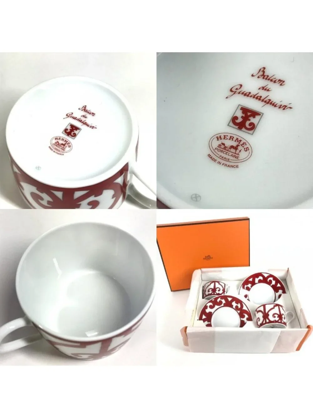 Hermes Teacup Cup & Saucer Set of 2 Pair Pottery White X Red